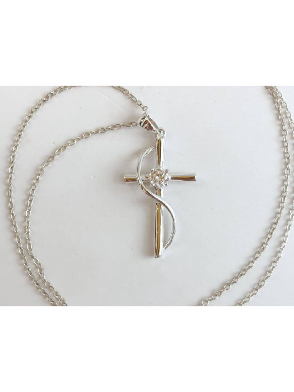 Modernist Cubic Zirconia Cross Sterling Silver 925 Vintage Pendant Necklace 16" - Picture 3 of 14